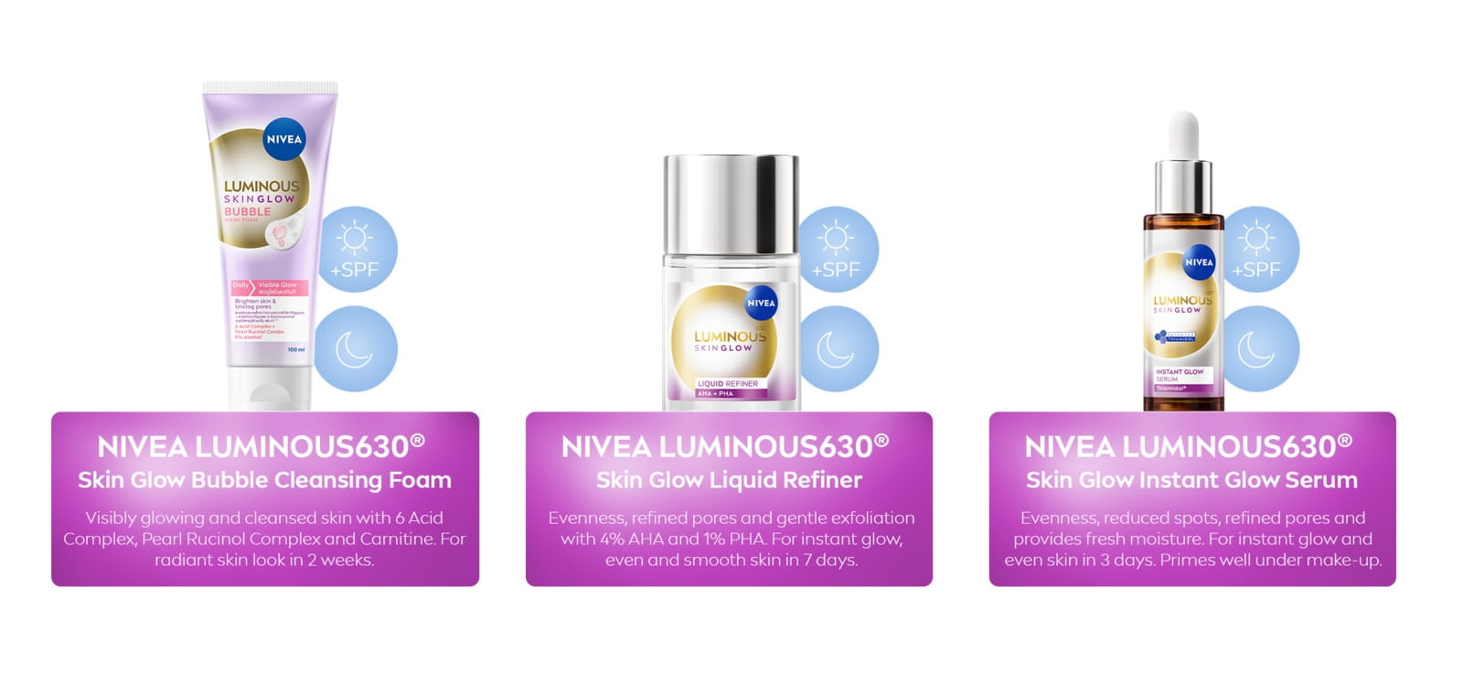 Glow routine visual featuring NIVEA LUMINOUS630® Bubble Cleansing Foam, Liquid Refiner, and Instant Glow Serum with benefits for radiant, even skin.